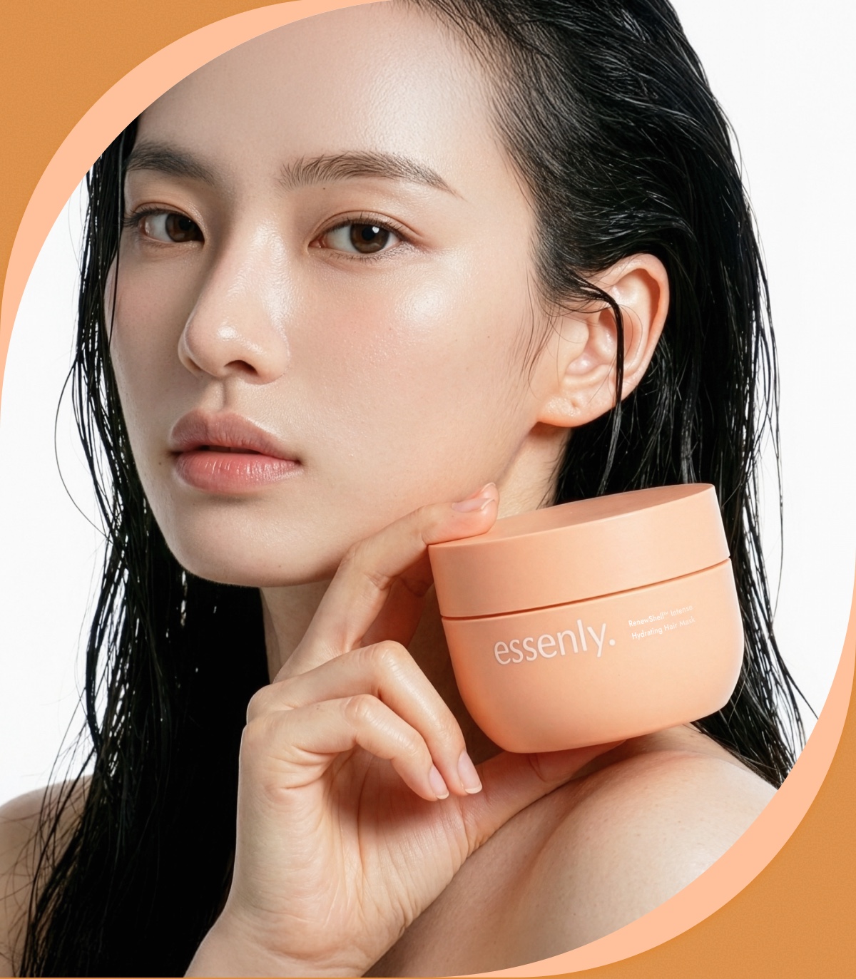 A model holding the Essenly RenewShell Intense Hydrating Hair Mask jar